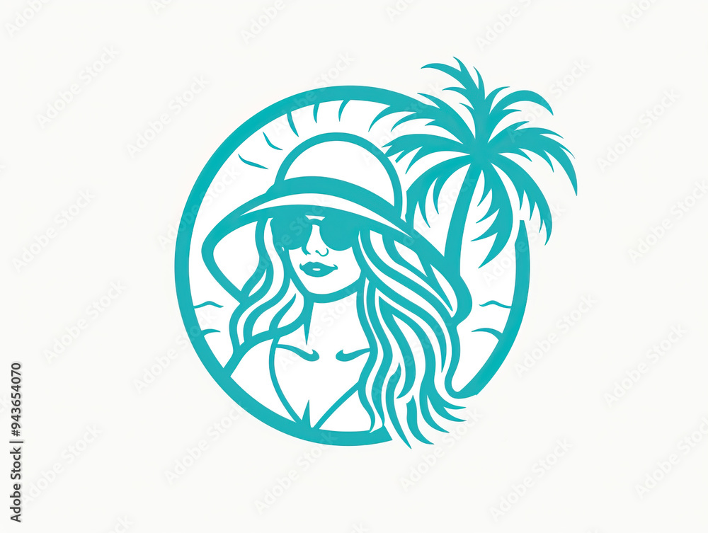 A stylized vector design featuring a woman in a hat with flowing hair, set against a backdrop of a sun and palm tree, symbolizing a tropical vacation and relaxation. A stylized vector design featuring a woman in a hat with flowing hair, set against a backdrop of a sun and palm tree, symbolizing a tropical vacation and relaxation.