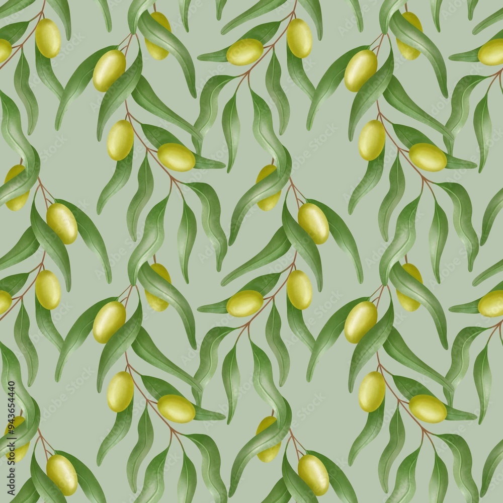 Obraz premium Seamless patterns with watercolor olives. Background with olive branches highlighted on a white background. For fabric, packaging paper, scrapbooking.