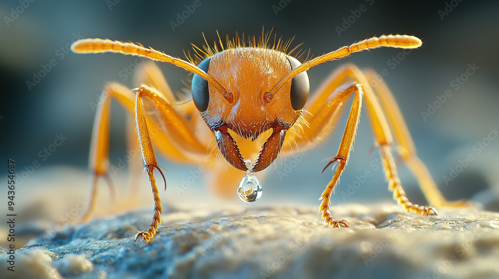 A close-up macro shot of an orange ant with a water droplet on its mouth, positioned on a rocky surface. Detailed and vivid shot illustrating the intricate features of the ant. A close-up macro shot of an orange ant with a water droplet on its mouth, positioned on a rocky surface. Detailed and vivid shot illustrating the intricate features of the ant.