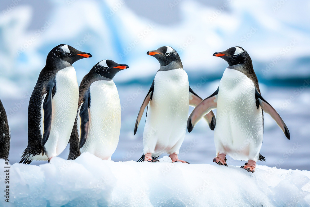 Obraz premium Four penguins stand on an icy surface, engaged in interaction, with an Antarctic backdrop.