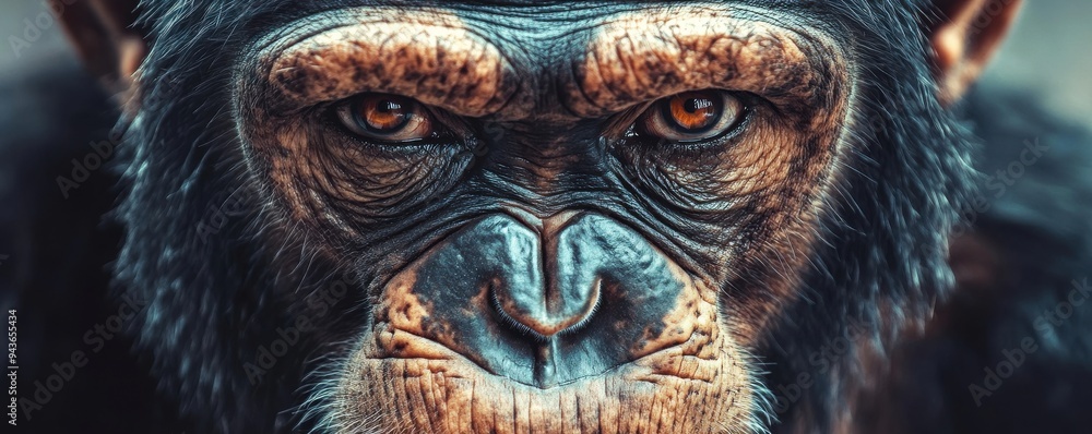 Close-up of a chimpanzee's expressive face, showcasing its intense gaze and detailed facial features, highlighting the emotional depth and intelligence of primates in their natural habitat. Close-up of a chimpanzee's expressive face, showcasing its intense gaze and detailed facial features, highlighting the emotional depth and intelligence of primates in their natural habitat.