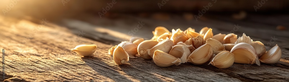 Garlic cloves scattered on a wooden table, with a focus on their texture, Earthy, Warm, Detailed Garlic cloves scattered on a wooden table, with a focus on their texture, Earthy, Warm, Detailed