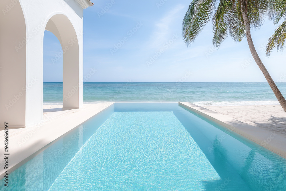 A serene infinity pool by the beach, surrounded by palm trees and white architecture under a clear blue sky. A serene infinity pool by the beach, surrounded by palm trees and white architecture under a clear blue sky.