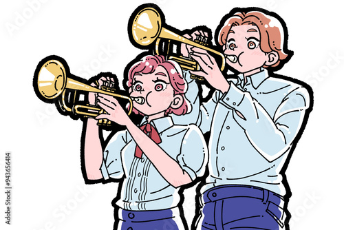 トランペットを吹く男女のイラスト