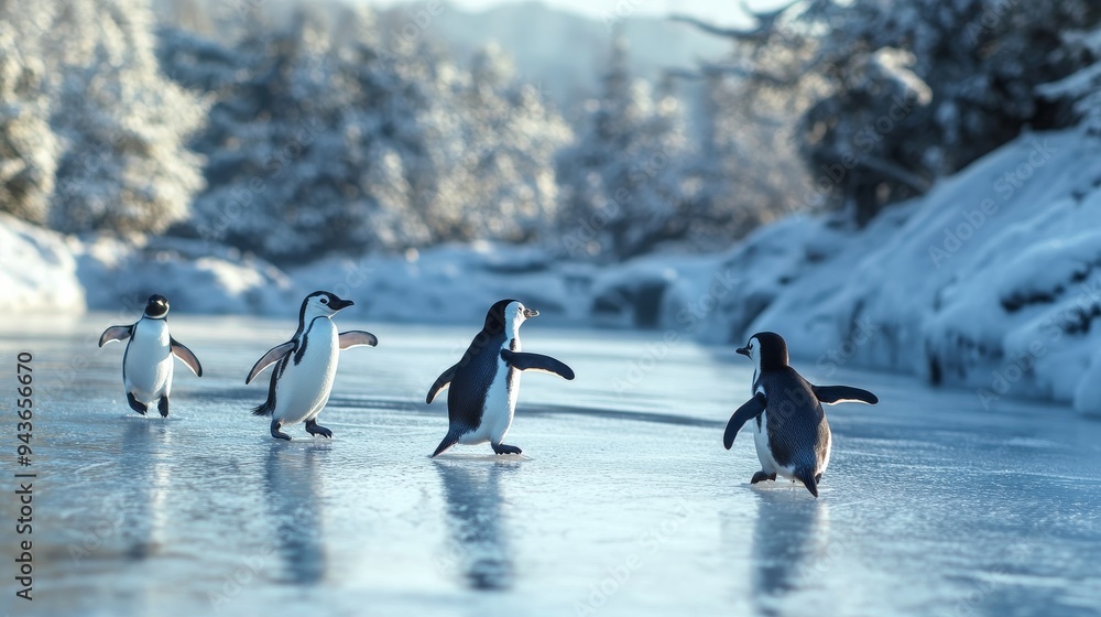 Naklejka premium Penguins going ice skating on a frozen lake, gracefully gliding and spinning on the ice.