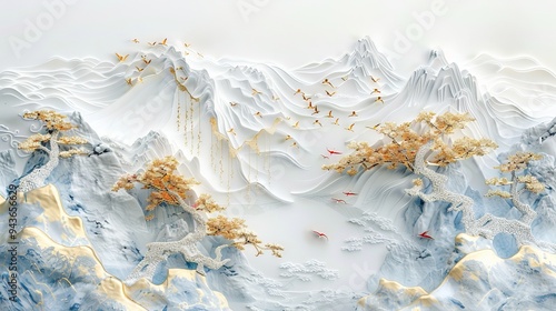 painting of golden mountains and birds hanging on trees in paper carving style