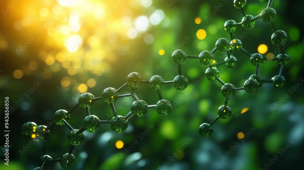 A green chemistry process converts materials sustainably, highlighting molecular structures with sunlight in a lush environment.