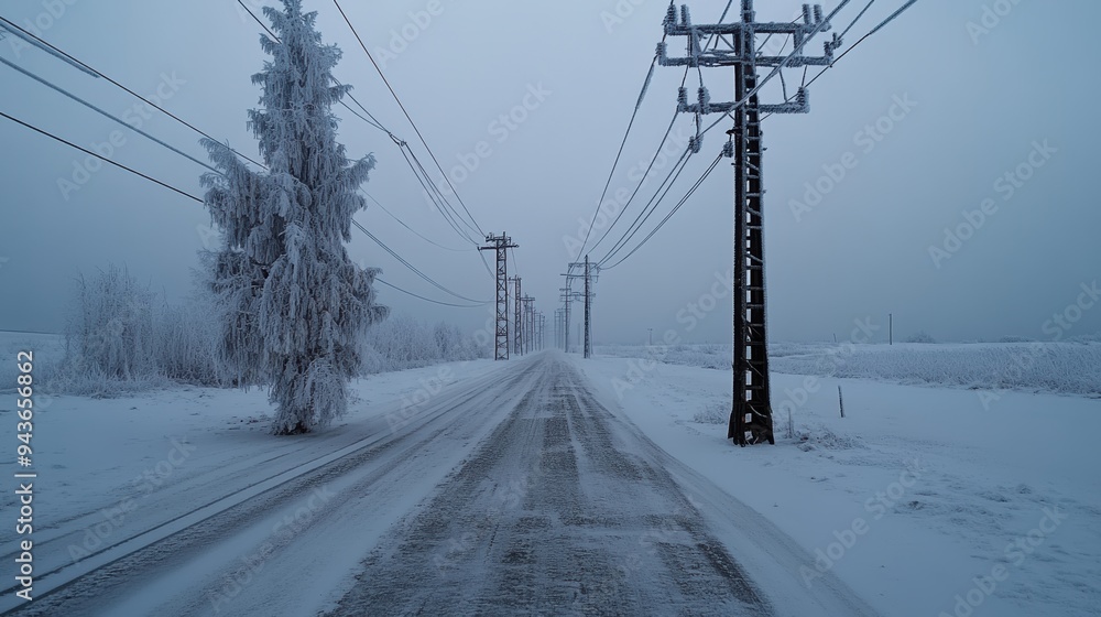 A snow-covered suburban street, with power lines and trees veiled in the soft glow of morning light and fog. A snow-covered suburban street, with power lines and trees veiled in the soft glow of morning light and fog.