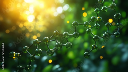Obraz na płótnie A green chemistry process converts materials sustainably, highlighting molecular structures with sunlight in a lush environment. w salonie