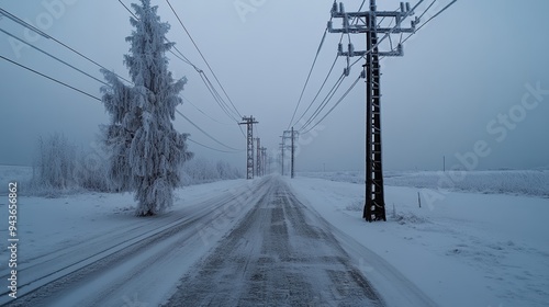 A snow-covered suburban street, with power lines and trees veiled in the soft glow of morning light and fog.