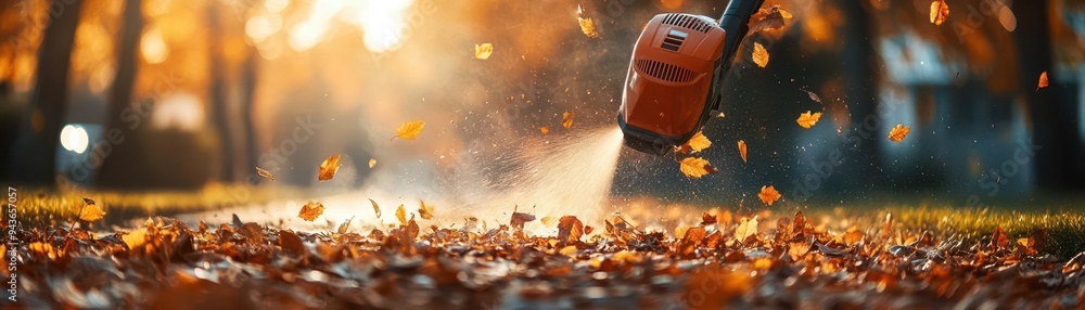 Leaf blower clearing leaves from a pathway, with leaves in motion and a clean path, Dynamic, Bright, High Energy Leaf blower clearing leaves from a pathway, with leaves in motion and a clean path, Dynamic, Bright, High Energy