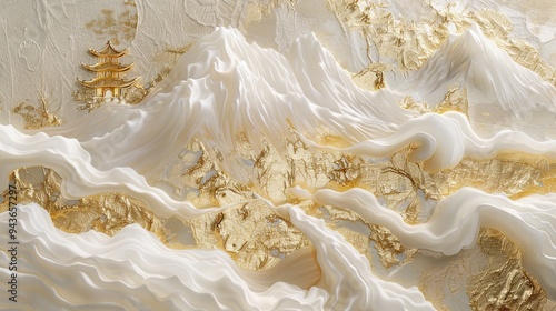 ayered paper art, fluid art,Chinese embroidercraft of a golden-white mountain with pavilions photo