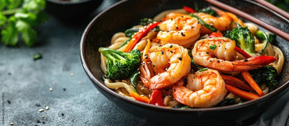 Stir fry featuring udon noodles shrimp prawns and vegetables A healthy Asian meal. with copy space image. Place for adding text or design Stir fry featuring udon noodles shrimp prawns and vegetables A healthy Asian meal. with copy space image. Place for adding text or design