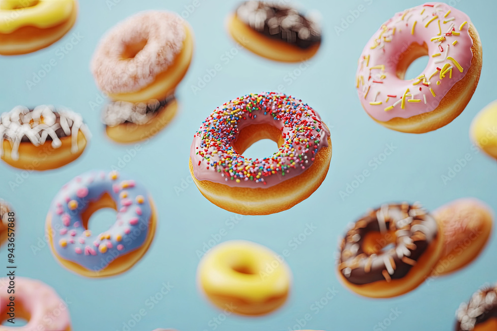 Various decorated doughnuts in motion falling on blue background. Sweet and colourful doughnuts falling or flying in motion
Various decorated doughnuts in motion falling on blue background. Sweet and colourful doughnuts falling or flying in motion