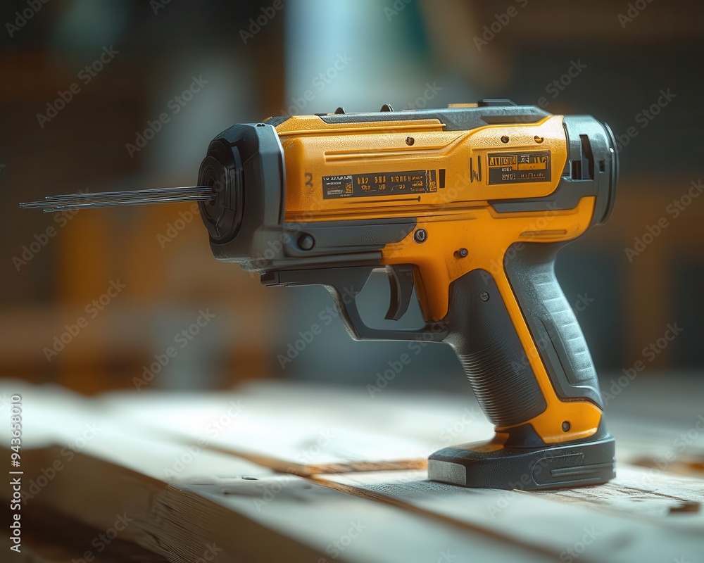 Nail gun in use, with nails being driven into wood, ready for construction, Dynamic, Bright, High Energy