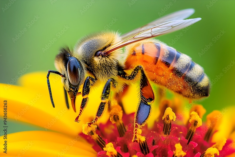 Closeup of a Buzzing Bee Pollinating a Vibrant Flower in a Summer Garden Closeup of a Buzzing Bee Pollinating a Vibrant Flower in a Summer Garden