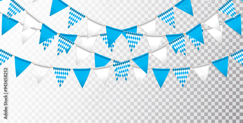 Blue and White Bavaria Party Flag Garland Isolated on Clean Background. Vector Oktoberfest Illustration for Traditional German Beer Festival. Holiday Celebration Flyer Design Template for Banner