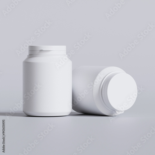 Plastic bottle white color, throat, capsule, pills isolated on gray background. 3D rendering illustration  photo