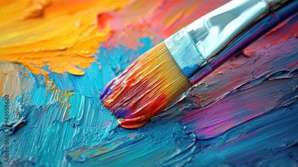 Fototapeta premium Paintbrush dipped in vibrant paint, with a focus on color and texture, Creative, Bright, Detailed