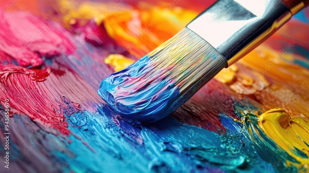 Paintbrush dipped in vibrant paint, with a focus on color and texture, Creative, Bright, Detailed Paintbrush dipped in vibrant paint, with a focus on color and texture, Creative, Bright, Detailed