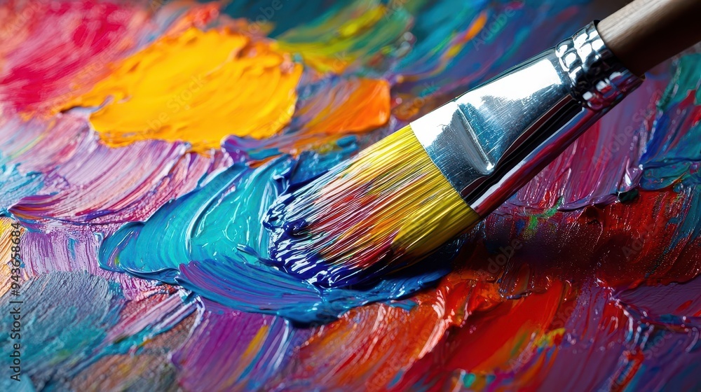 Obraz premium Paintbrush dipped in vibrant paint, with a focus on color and texture, Creative, Bright, Detailed