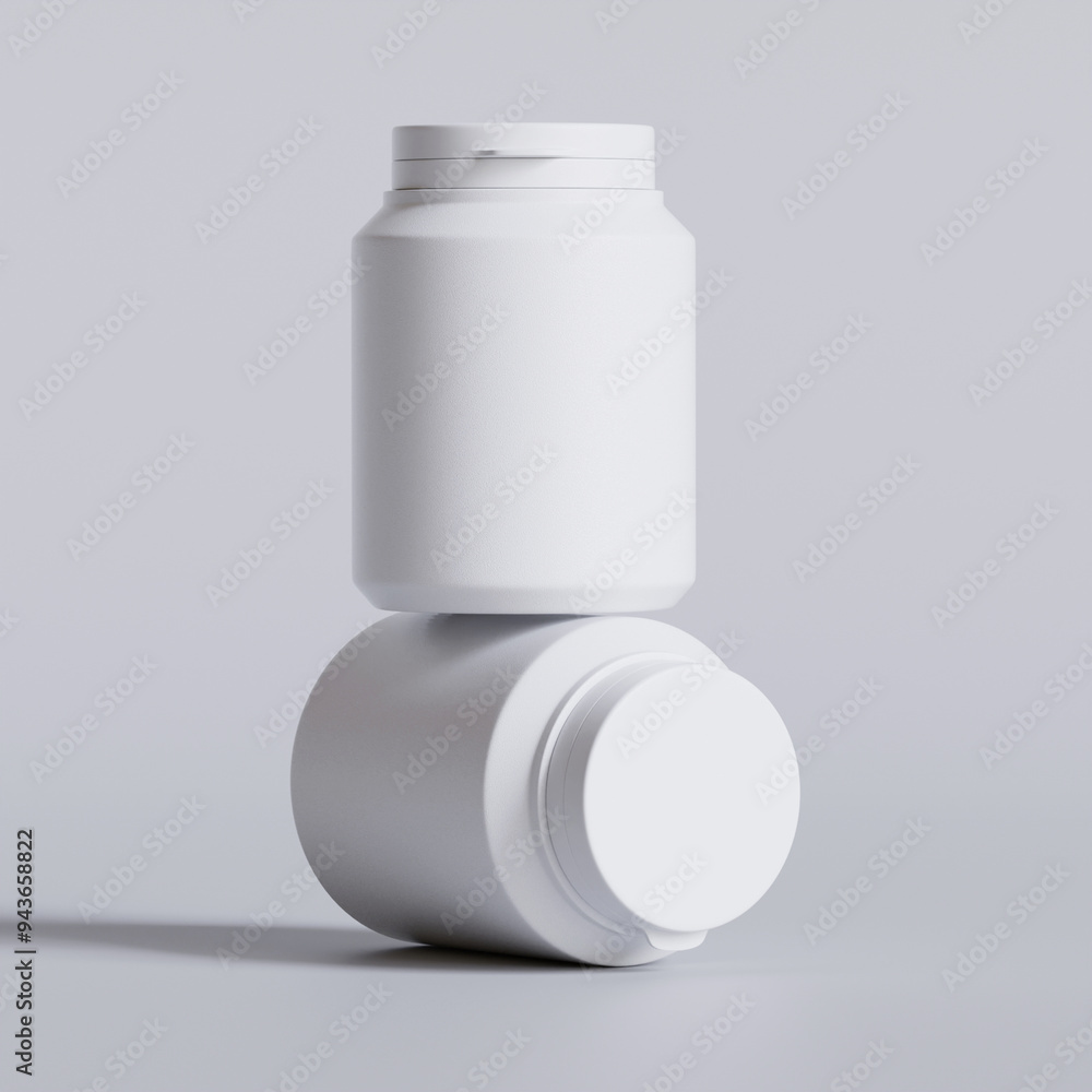 Plastic bottle white color, throat, capsule, pills isolated on gray background. 3D rendering illustration Plastic bottle white color, throat, capsule, pills isolated on gray background. 3D rendering illustration