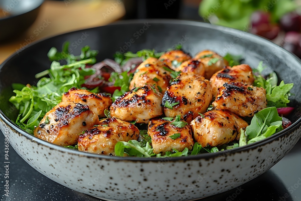 Grilled Chicken Salad with Fresh Greens and Vegetables on a Speckled Bowl Grilled Chicken Salad with Fresh Greens and Vegetables on a Speckled Bowl