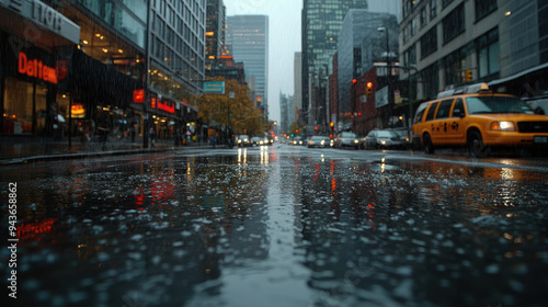 A low-angle view of a rainy city street, capturing reflections of lights on the wet pavement, with traffic including a yellow taxi moving through the scene.