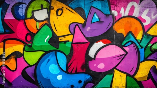 Vibrant abstract graffiti featuring colorful shapes and patterns.