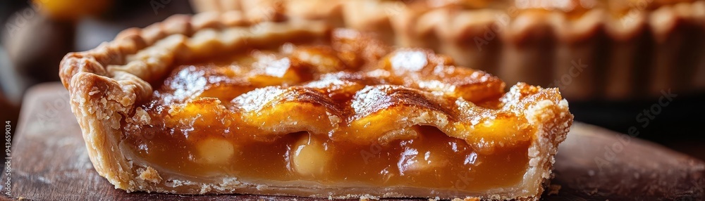 Pie with a golden crust, being cut with a focus on the filling and texture, Sweet, Warm, Detailed Pie with a golden crust, being cut with a focus on the filling and texture, Sweet, Warm, Detailed