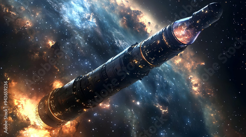 A futuristic spaceship flie...