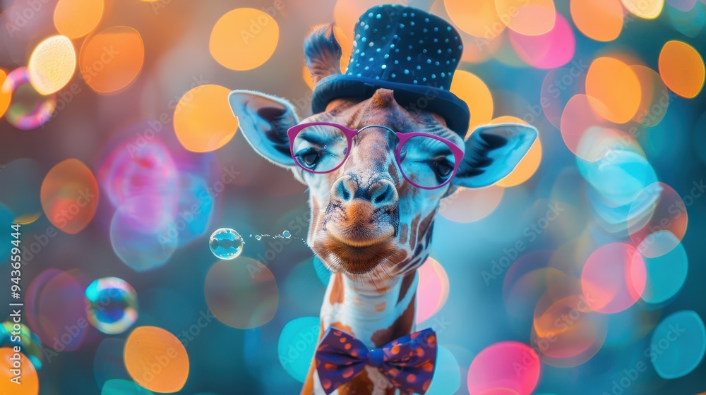 Fototapeta premium A giraffe wearing a bow tie and glasses is the main subject of the image