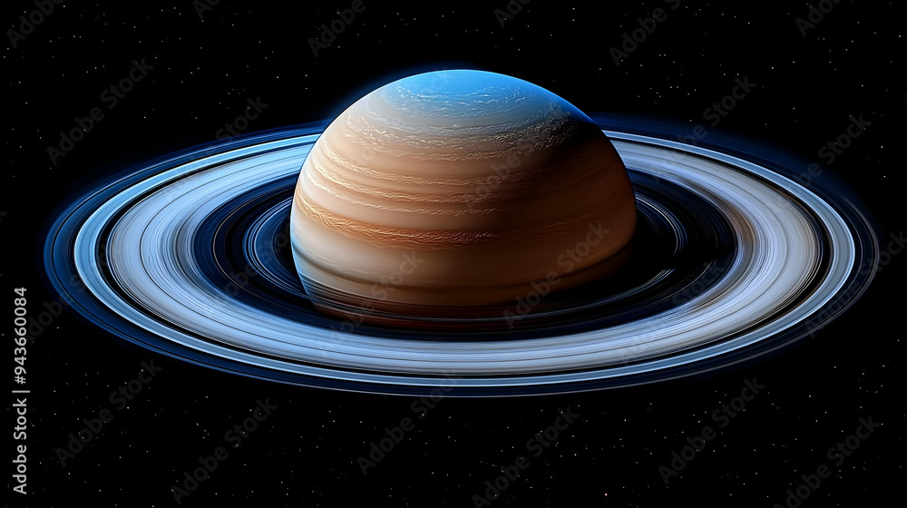 A gas giant planet with a ring system against a starry black background. A gas giant planet with a ring system against a starry black background.