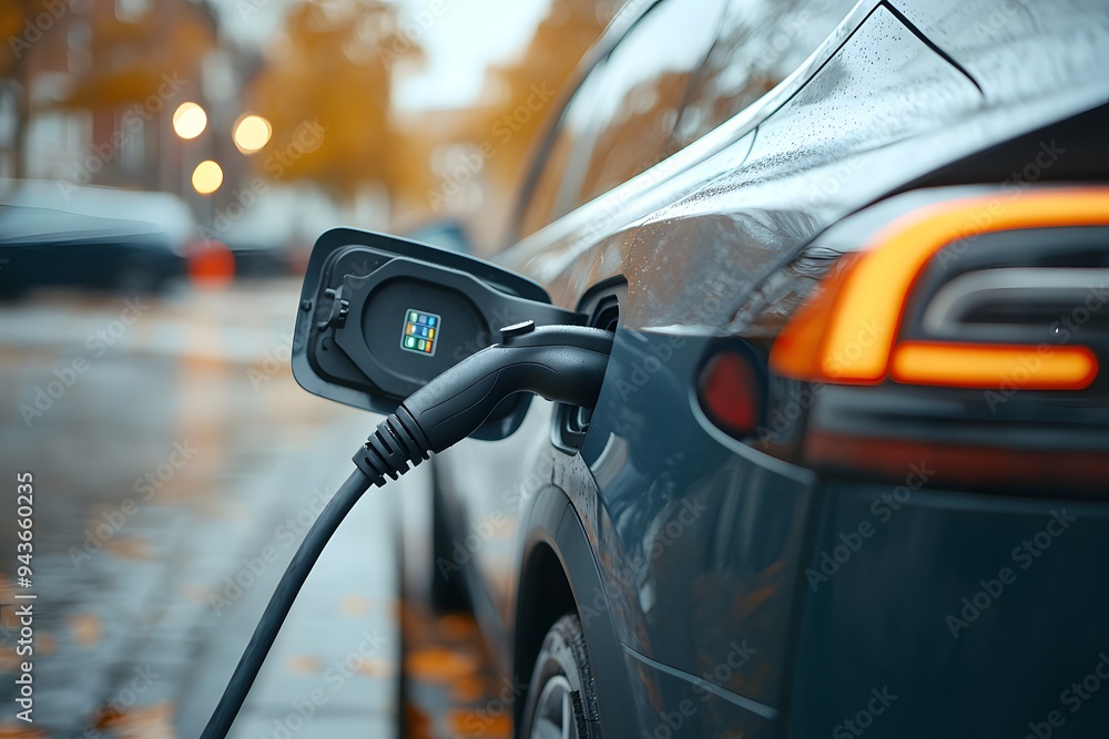 An electric vehicle charging at a public station on a rainy autumn day in a city, highlighting sustainable transportation and technology An electric vehicle charging at a public station on a rainy autumn day in a city, highlighting sustainable transportation and technology