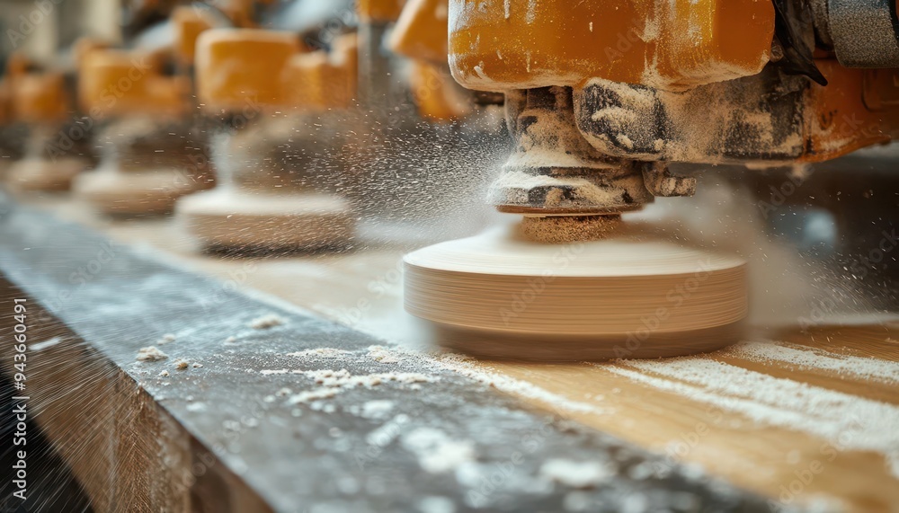 Sander in action, with dust and smooth wood, ready for finishing, Dynamic, Bright, Detailed Sander in action, with dust and smooth wood, ready for finishing, Dynamic, Bright, Detailed