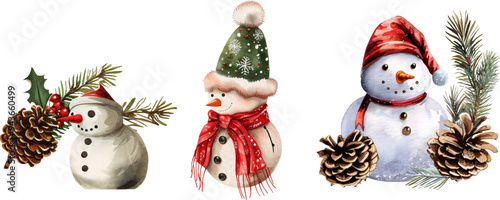 Set of three festive snowmen with holiday decorations including pine cones, holly, and seasonal greenery on a transparent background, for Christmas designs