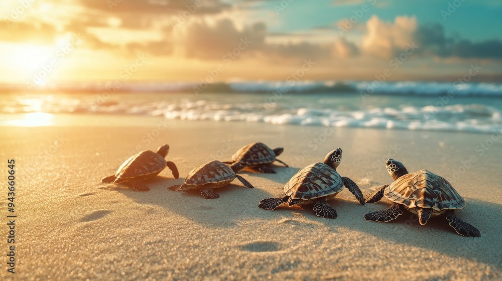 Sea turtles meeting on a sandy beach to discuss ocean conservation strategies, shells shining under the sun. Sea turtles meeting on a sandy beach to discuss ocean conservation strategies, shells shining under the sun.