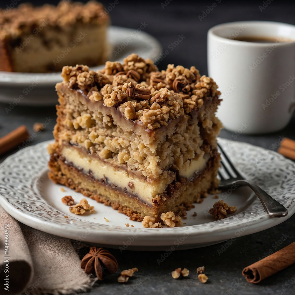 Slice of Delicious Cinnamon Coffee Cake with Crumbly Topping Slice of Delicious Cinnamon Coffee Cake with Crumbly Topping