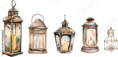 Set of vintage Christmas lanterns with intricate designs and warm illumination on a transparent background for holiday decor and festive projects
