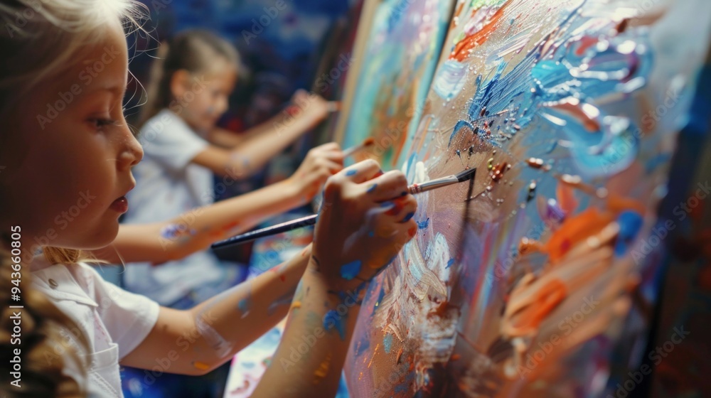 Fototapeta premium A young girl is painting a picture with her friends