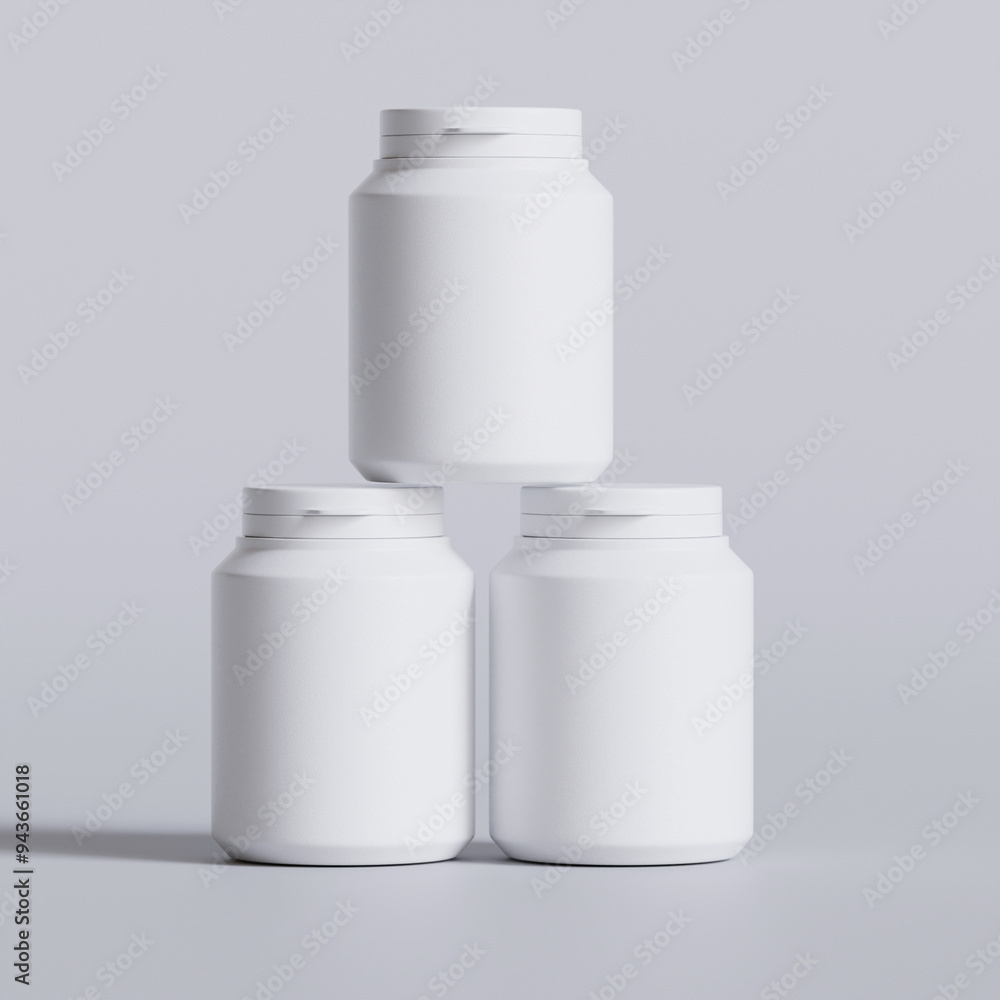 Plastic bottle white color, throat, capsule, pills isolated on gray background. 3D rendering illustration Plastic bottle white color, throat, capsule, pills isolated on gray background. 3D rendering illustration