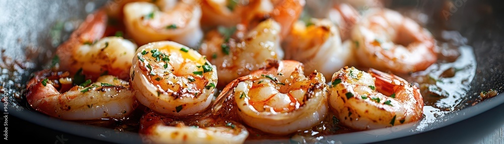Shrimp being sauteed, with garlic and butter, and a focus on color and texture, Savory, Warm, Detailed Shrimp being sauteed, with garlic and butter, and a focus on color and texture, Savory, Warm, Detailed