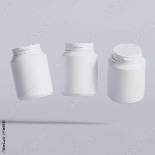 Plastic bottle white color, throat, capsule, pills isolated on gray background. 3D rendering illustration  photo