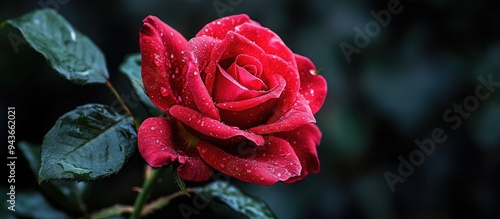 Macro photo of a single fresh red rose taken at night in the garden Isolated on a black background Copy space