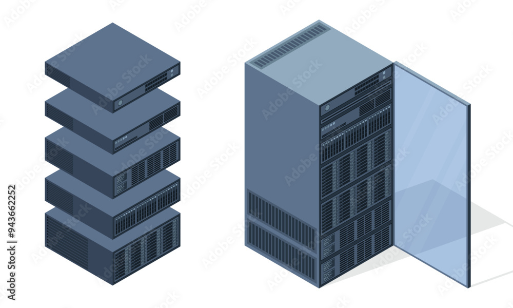 Isometric server. Server racks. Server boxes isolated. Network server room. Computer network technology. Vector illustration Isometric server. Server racks. Server boxes isolated. Network server room. Computer network technology. Vector illustration