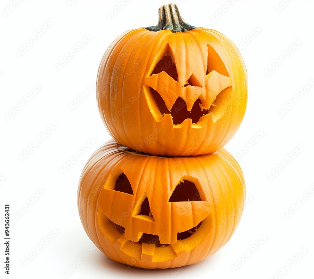 Fototapeta premium two pumpkins with carved faces on top of each other 