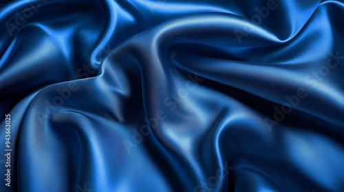 Close-up of rich blue satin fabric featuring smooth, flowing folds and a glossy finish, creating an elegant and luxurious texture.
 photo