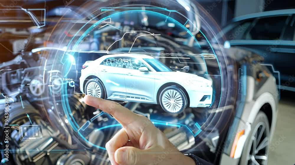 A man stands holding a smartphone, positioned in front of a vibrant image of a sleek car, highlighting the blend of technology and automotive design. A man stands holding a smartphone, positioned in front of a vibrant image of a sleek car, highlighting the blend of technology and automotive design.