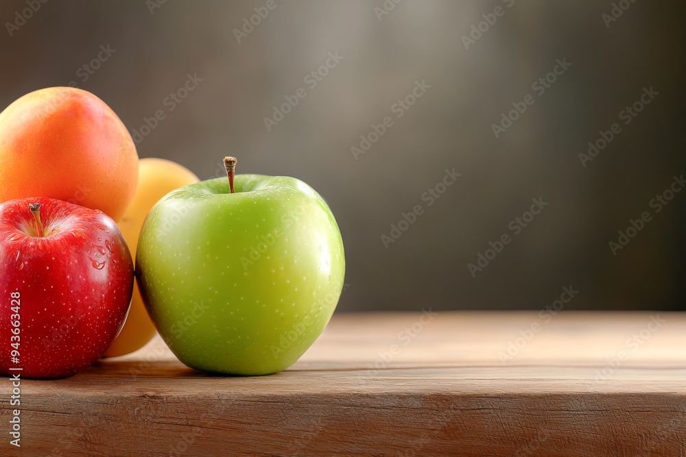 Fresh and vibrant apples on a wooden surface, showcasing a colorful assortment of fruit in a natural setting. Fresh and vibrant apples on a wooden surface, showcasing a colorful assortment of fruit in a natural setting.