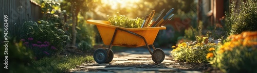 Wheelbarrow filled with garden tools, ready for a day s work, Practical, Bright, Detailed photo